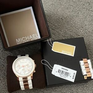 Michael Kors Rose Gold and White Chronograph Watch, Runway MK5464